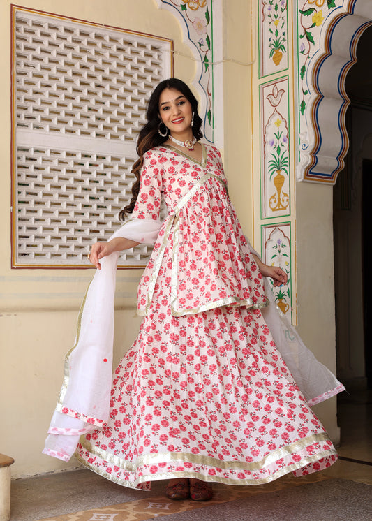Purva White Cotton Printed Lehenga Set
