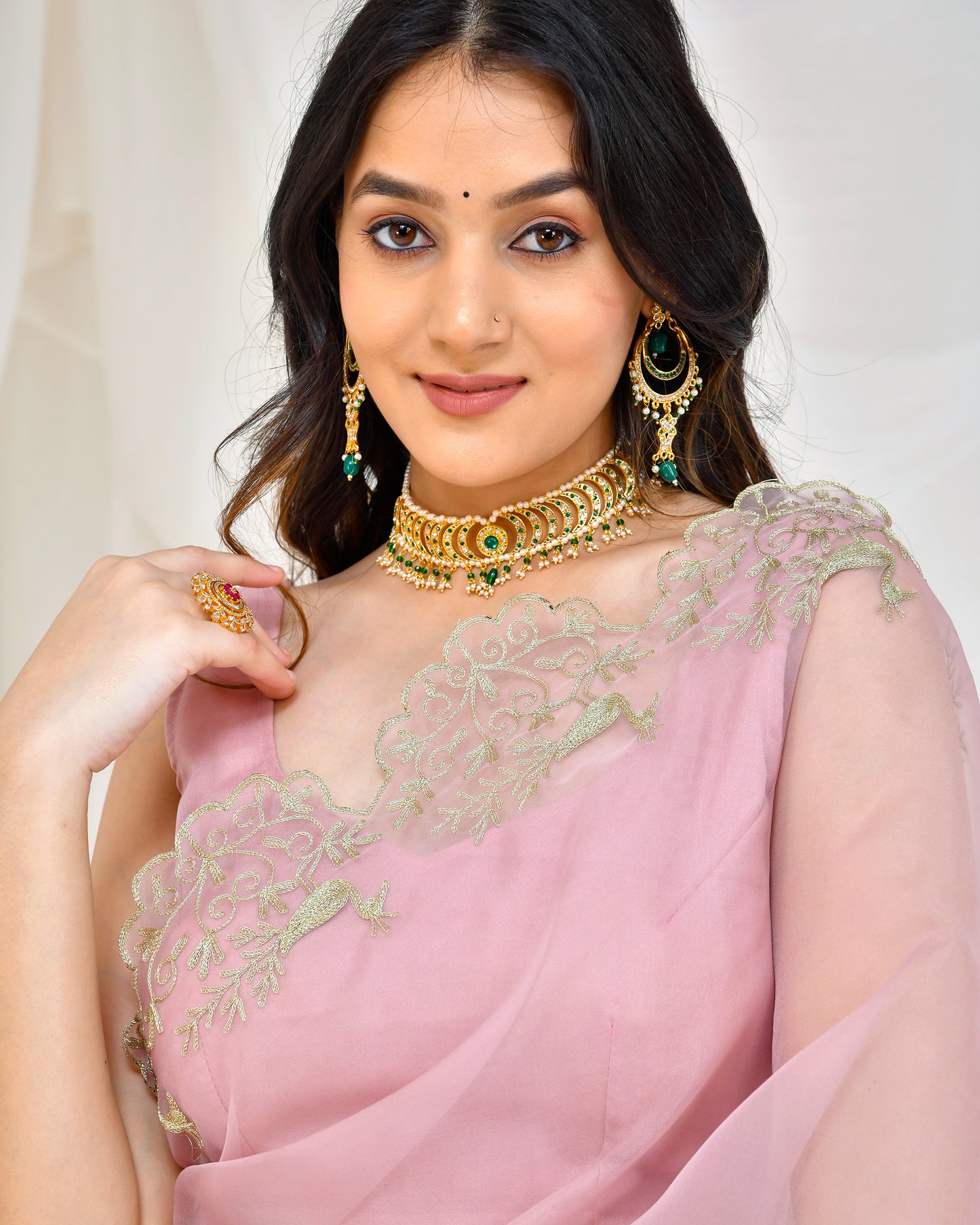 Rose Gold Organza Aari Embroidered Sangeet Saree