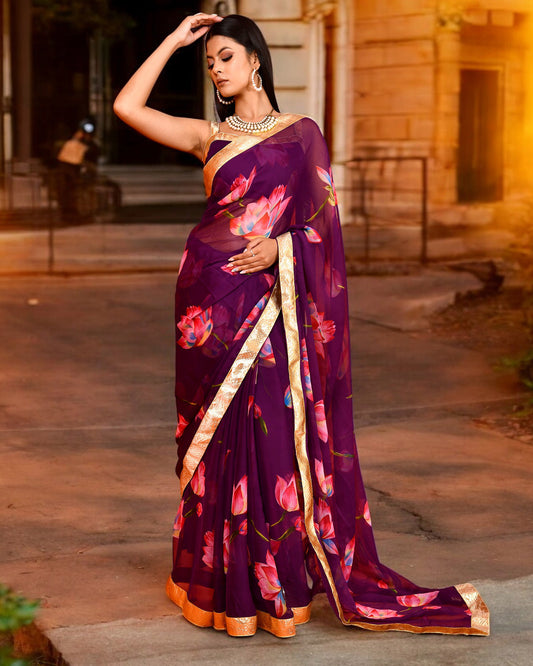 Purple Chiffon Gota work Embroidered Saree
