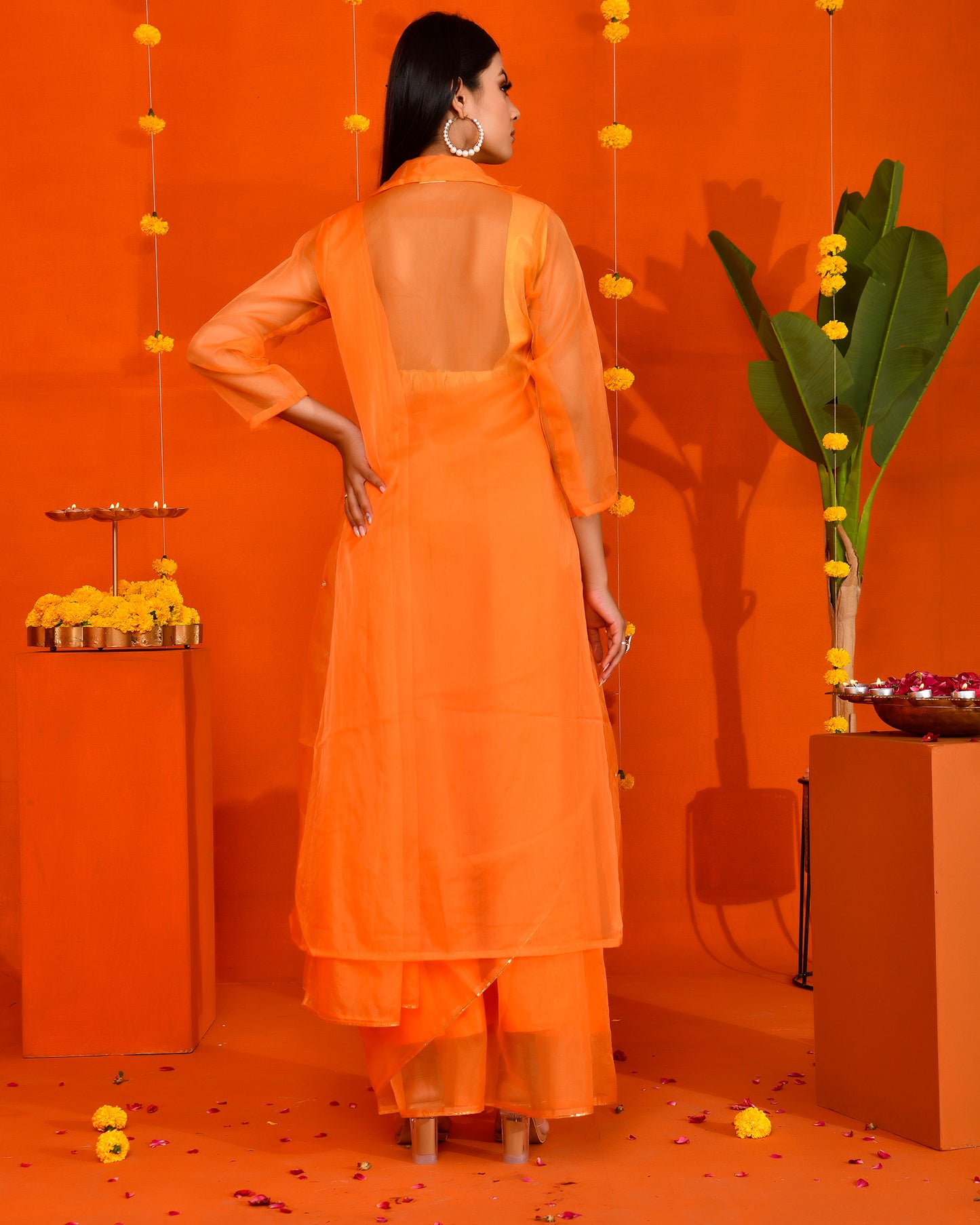 Pastel Orange Organza Embroidered Saree