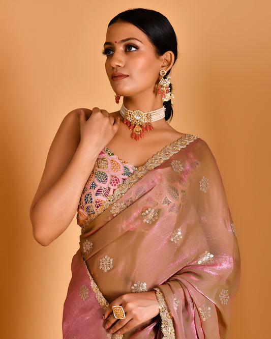 Barkha Tissue Organza Pink Saree