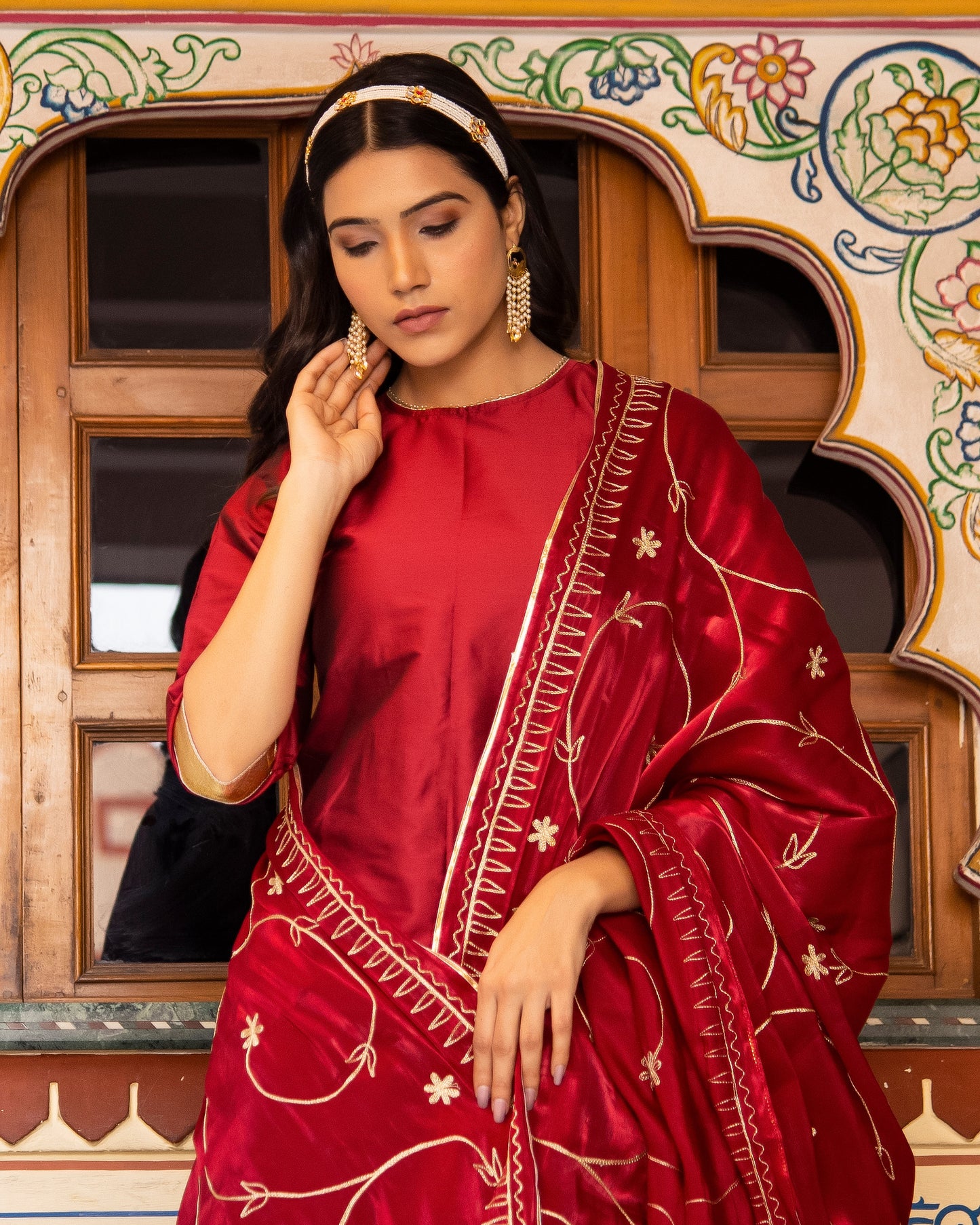 Kurjan Maroon Taffeta Silk Sharara set