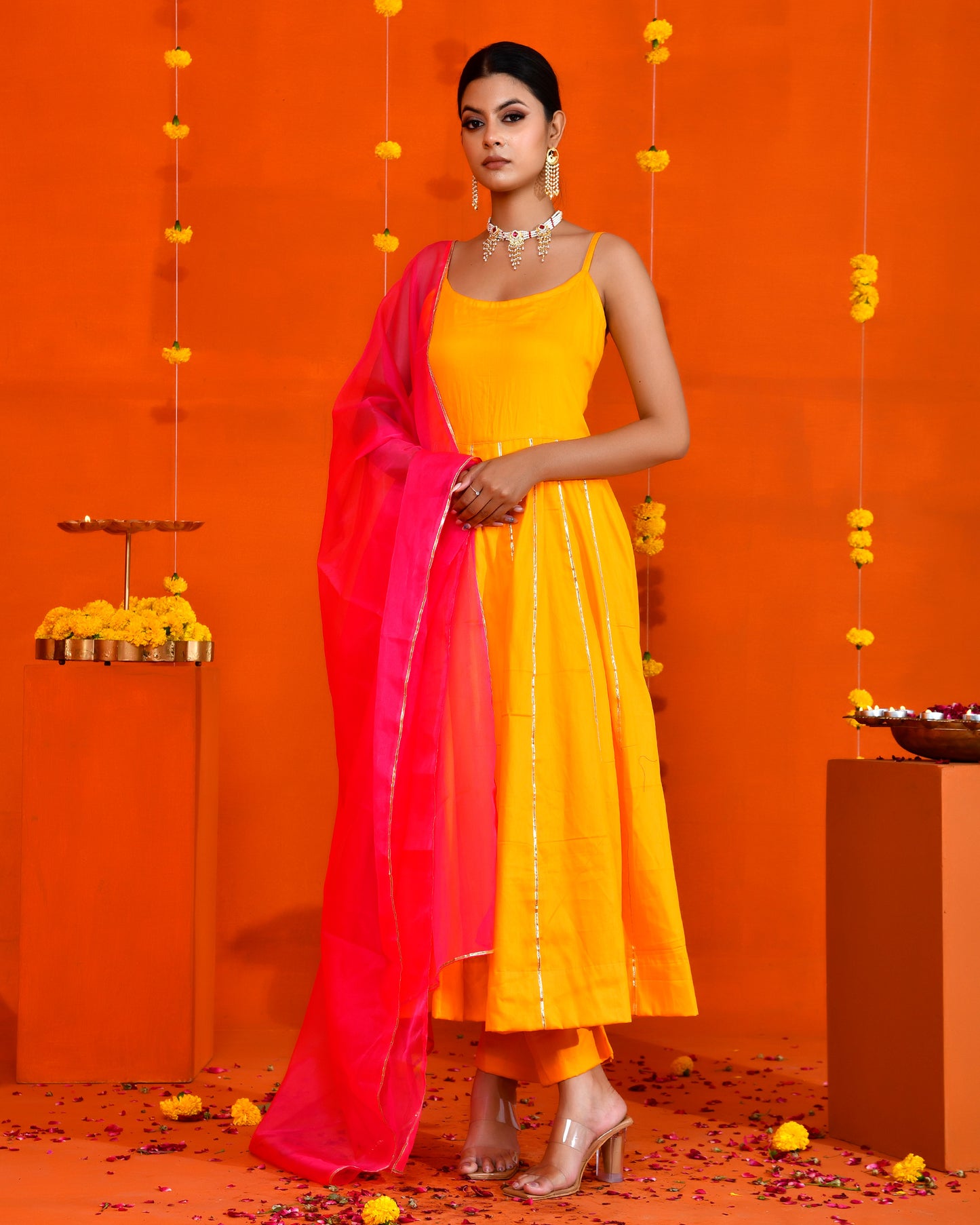 Yellow Cotton Silk Utsav Bannhi Printed Haldi Anarkali