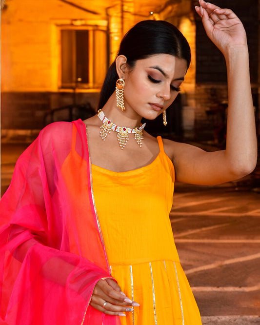 Yellow Cotton Silk Utsav Bannhi Printed Haldi Anarkali