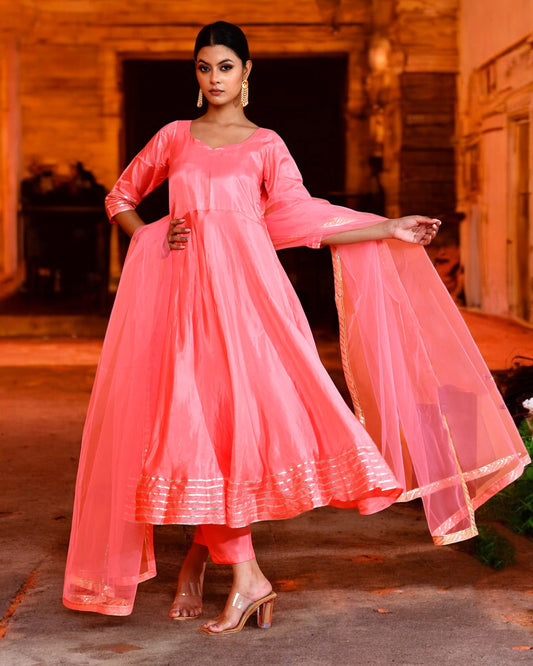 Pink Uppada Silk Gota work Embroidered Jaipuri Anarkali