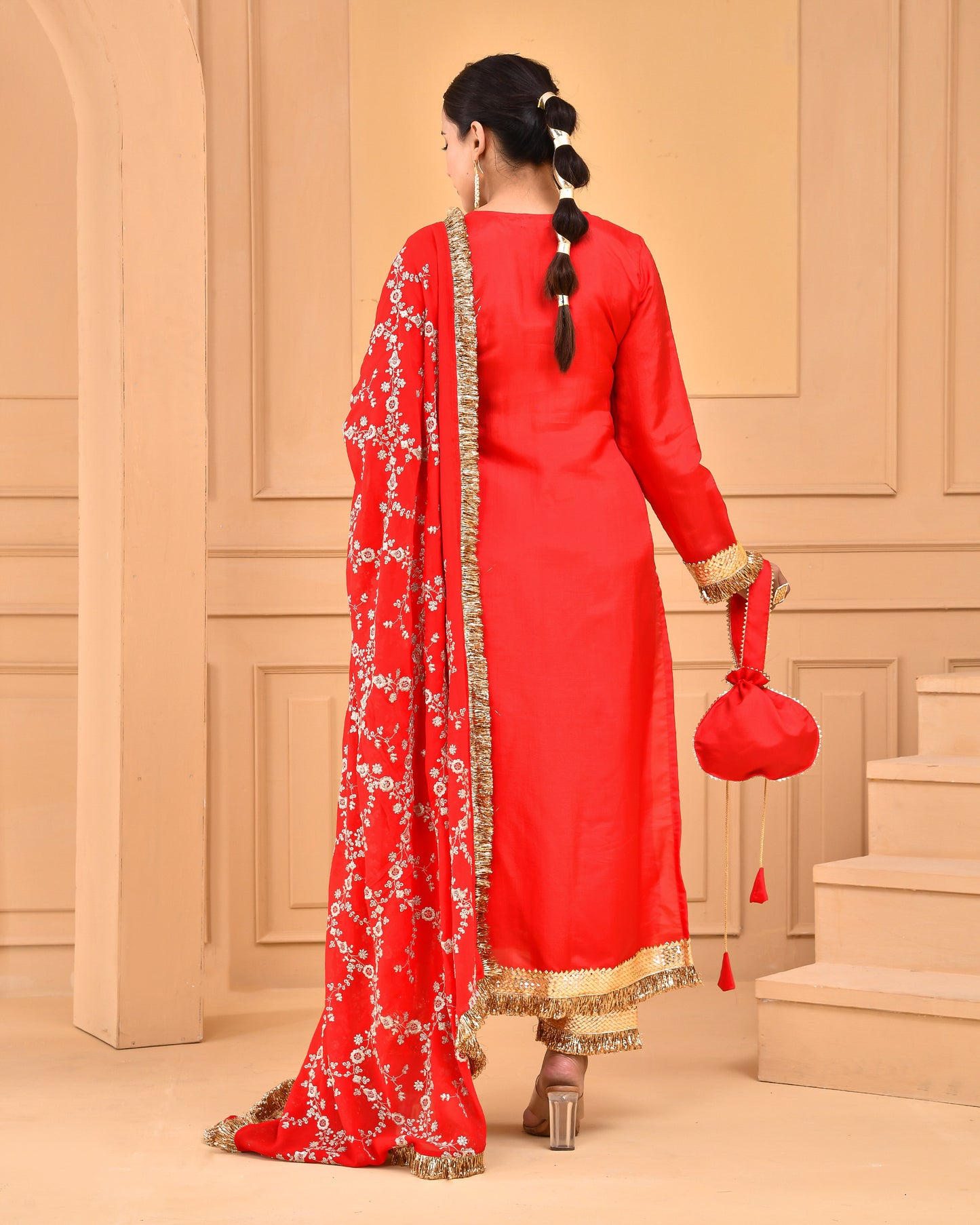 Red Upadda Silk Sangeet Suit Set