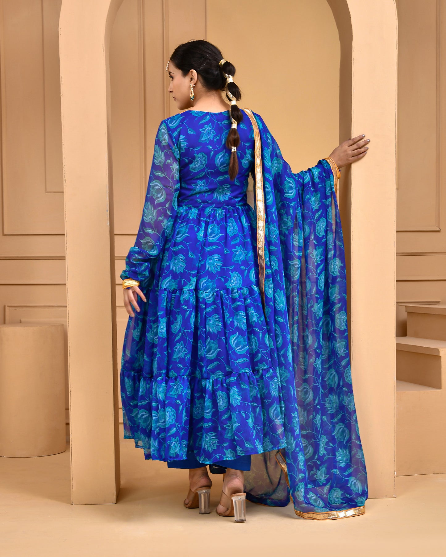 Blue Printed Chiffon Designer Anarkali Set
