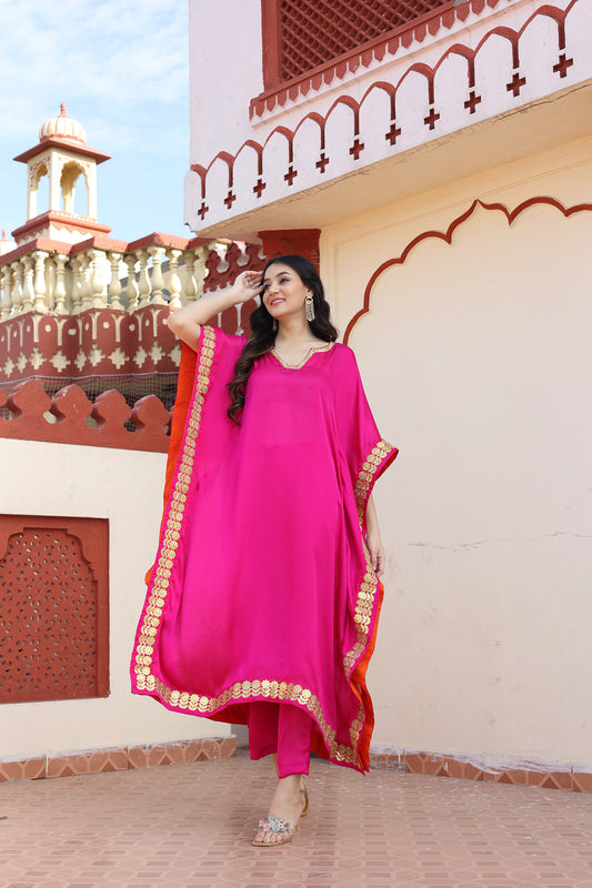 Hot Pink Satin Silk Gota Kaftan Set