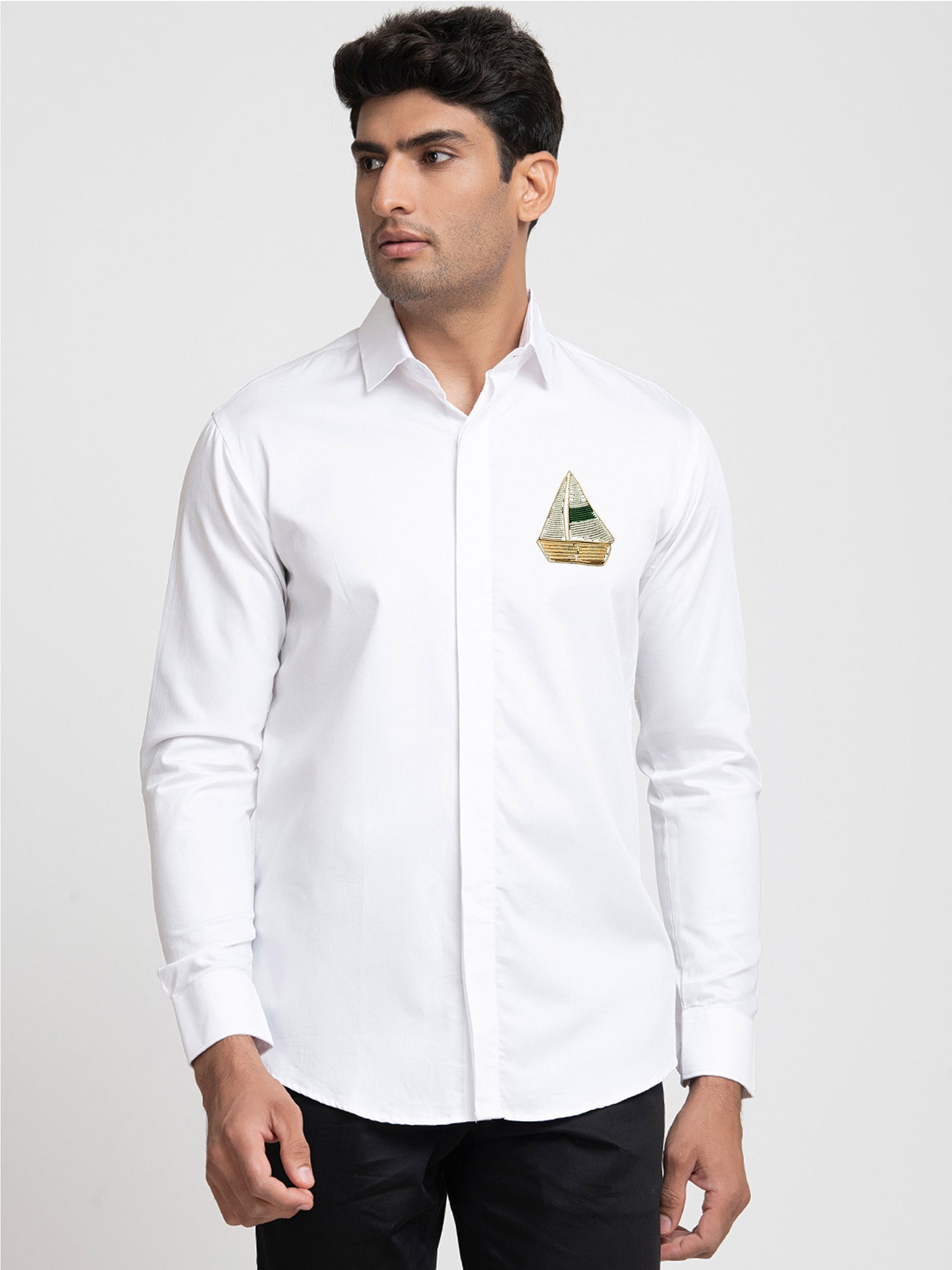 White Giza Cotton Boat embroidery shirt