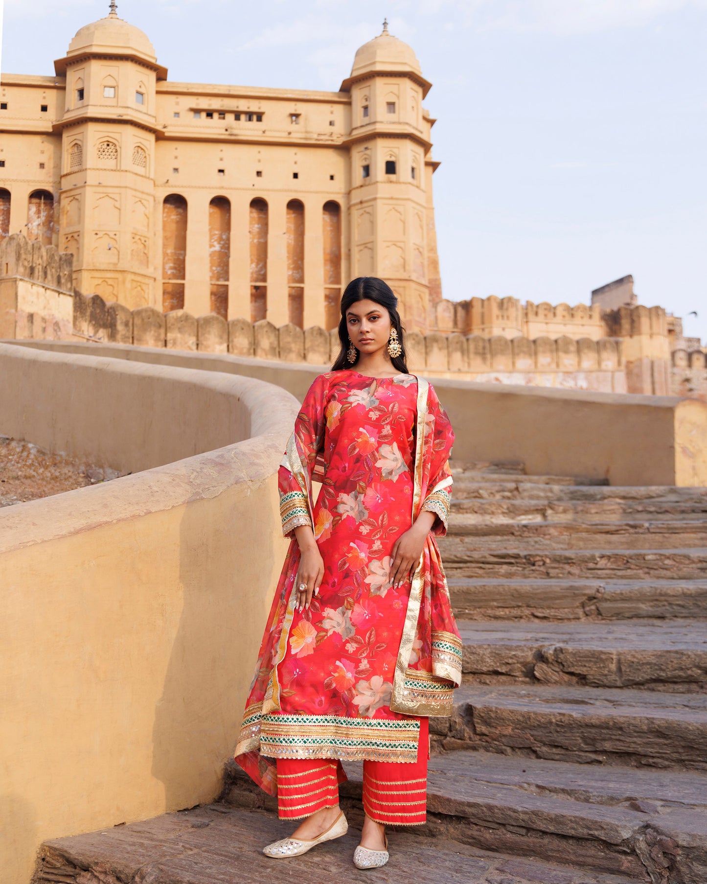 Coral Gota & Sequins Work Chanderi Kurta & Dupatta Set