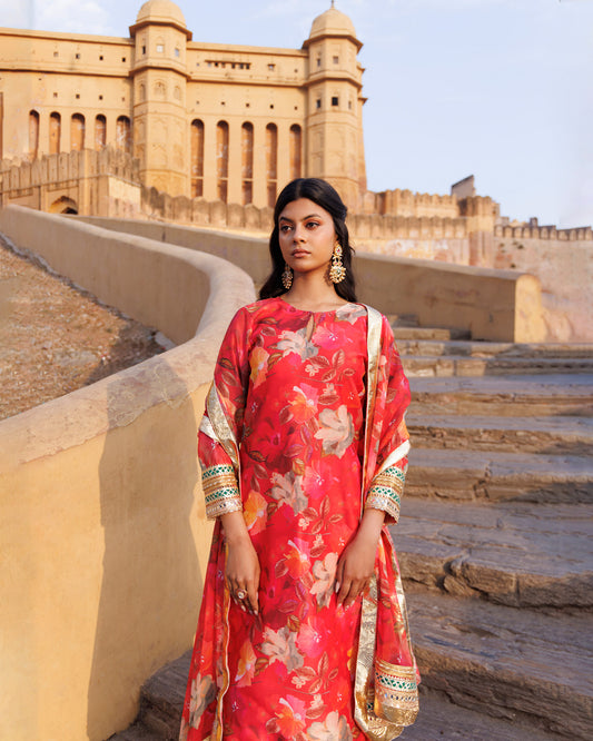 Coral Gota & Sequins Work Chanderi Kurta & Dupatta Set