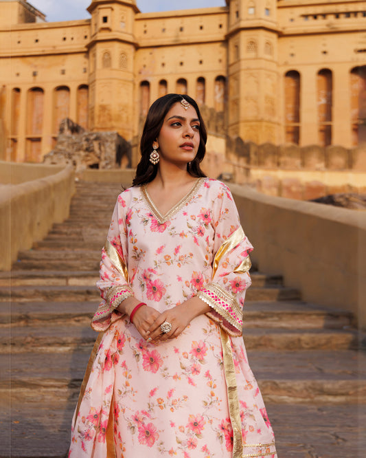 Pink Gota & Sequins Work Chanderi Kurta & Dupatta Set
