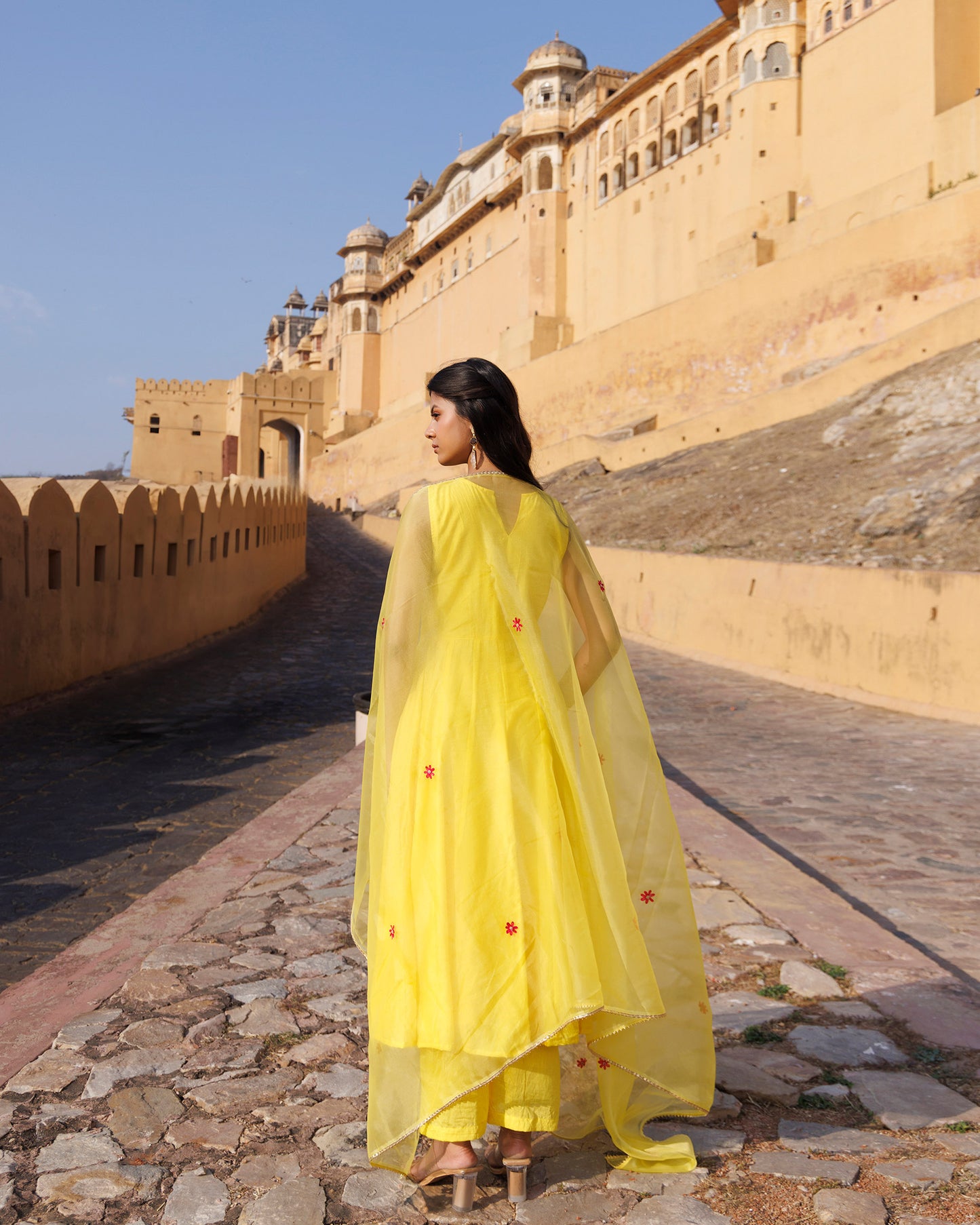 Yellow Aari Embroidery Chanderi Kurta & Dupatta Set