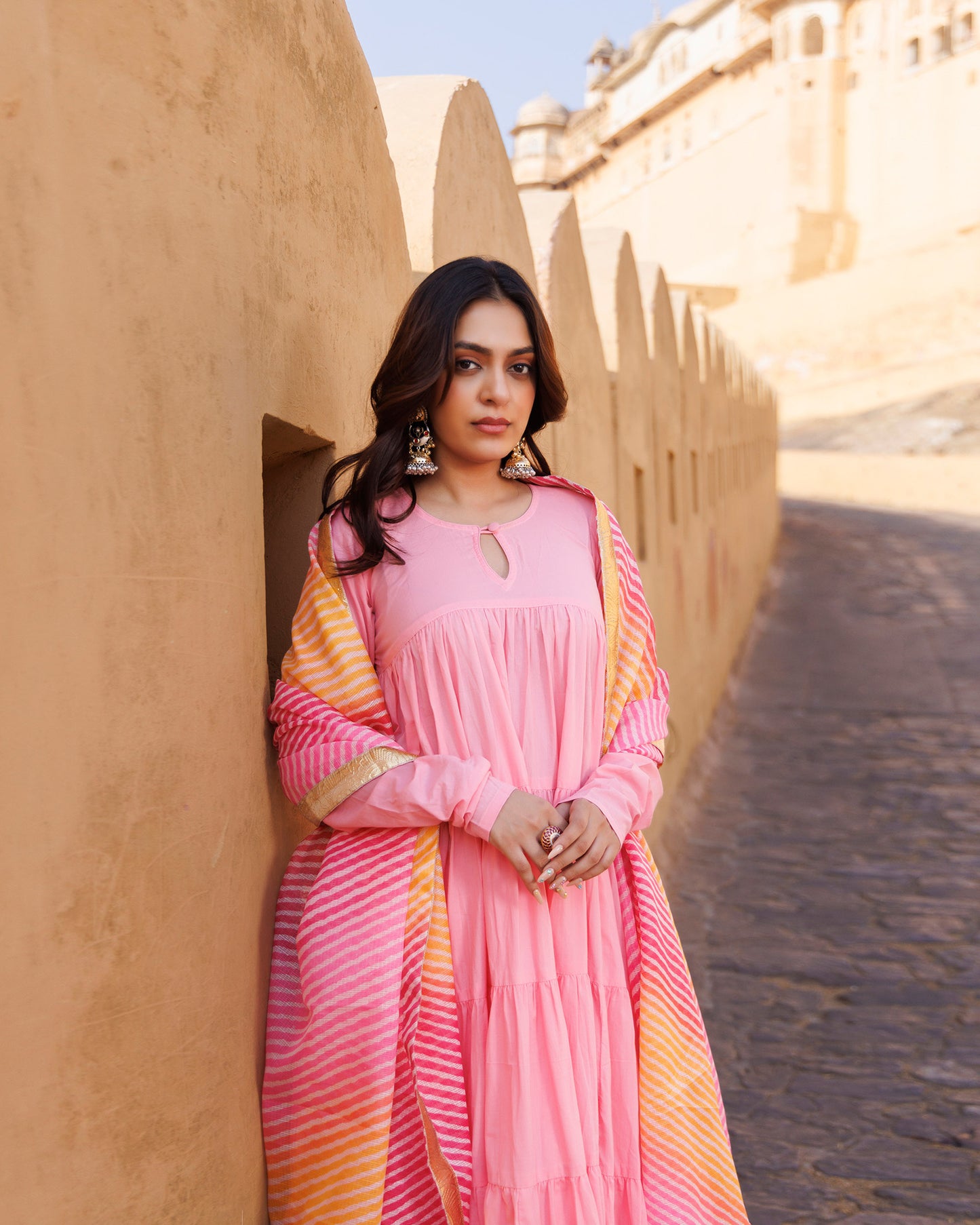 Pink Cotton Thread Embroidery Anarkali & Dupatta Set
