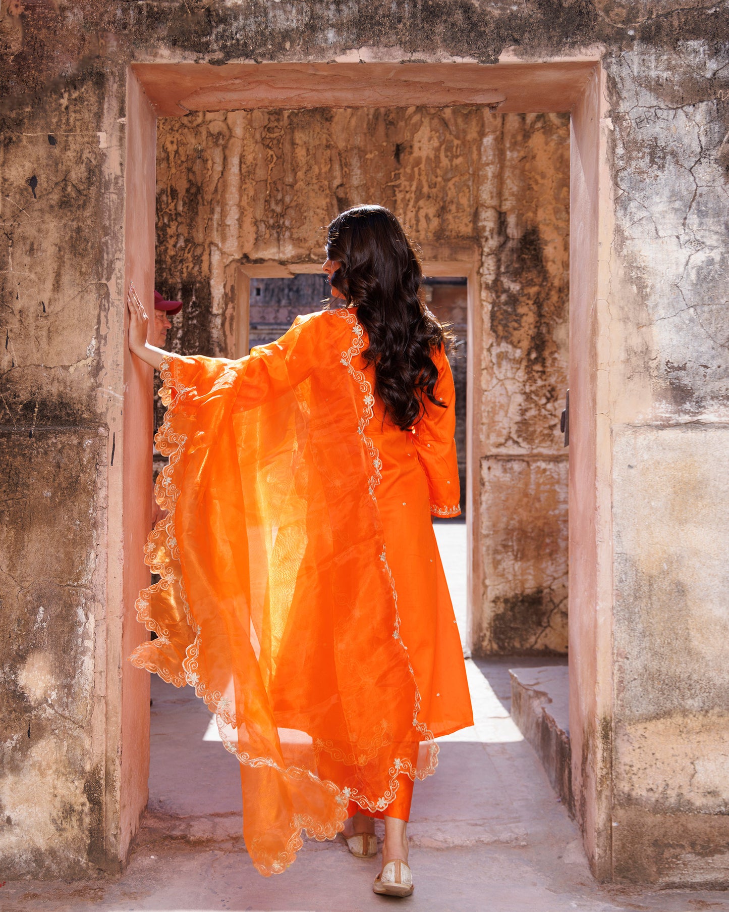 Orange Aari Embroidery Cotton Silk Kurta & Dupatta Set