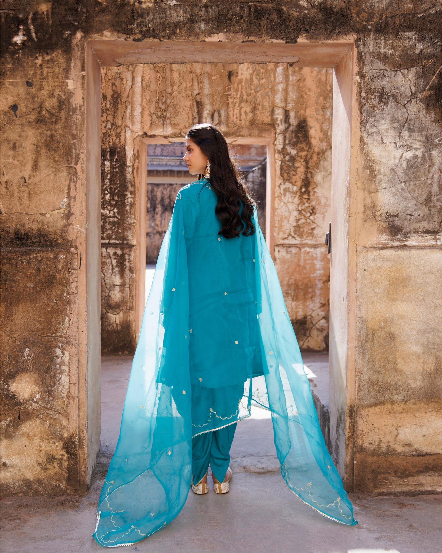 Rama Green Aari Embroidery Uppada Silk Kurta & Organza Dupatta Set