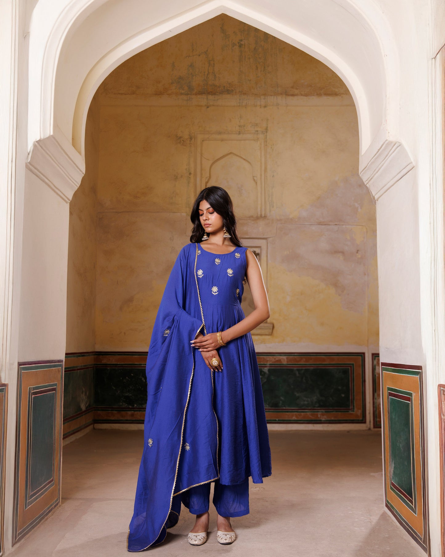 Blue Aari Embroidery Chanderi Kurta & Dupatta Set