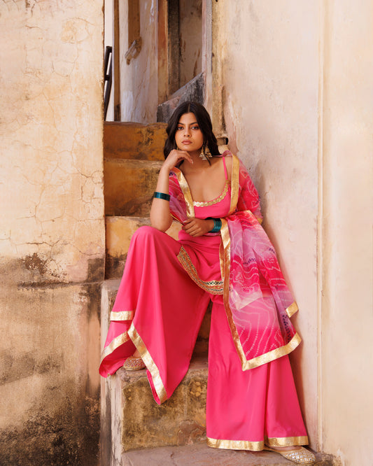 Pink Crepe Strappy Sharara & Bandhani Organza Dupatta
