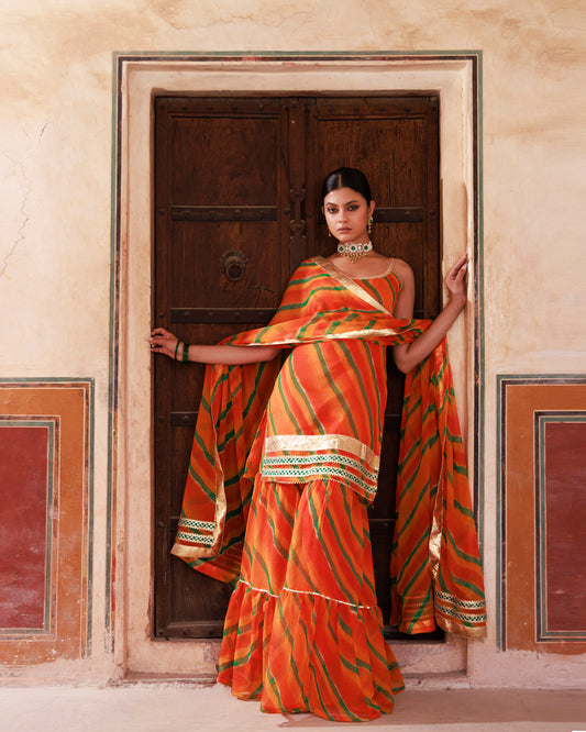 Orange Gota & Sequins Lace Work Kurta & Chiffon Dupatta Set