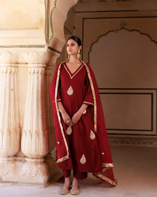 Maroon Gota Patti Applique Work Cotton Silk Anarkali & Organza Dupatta