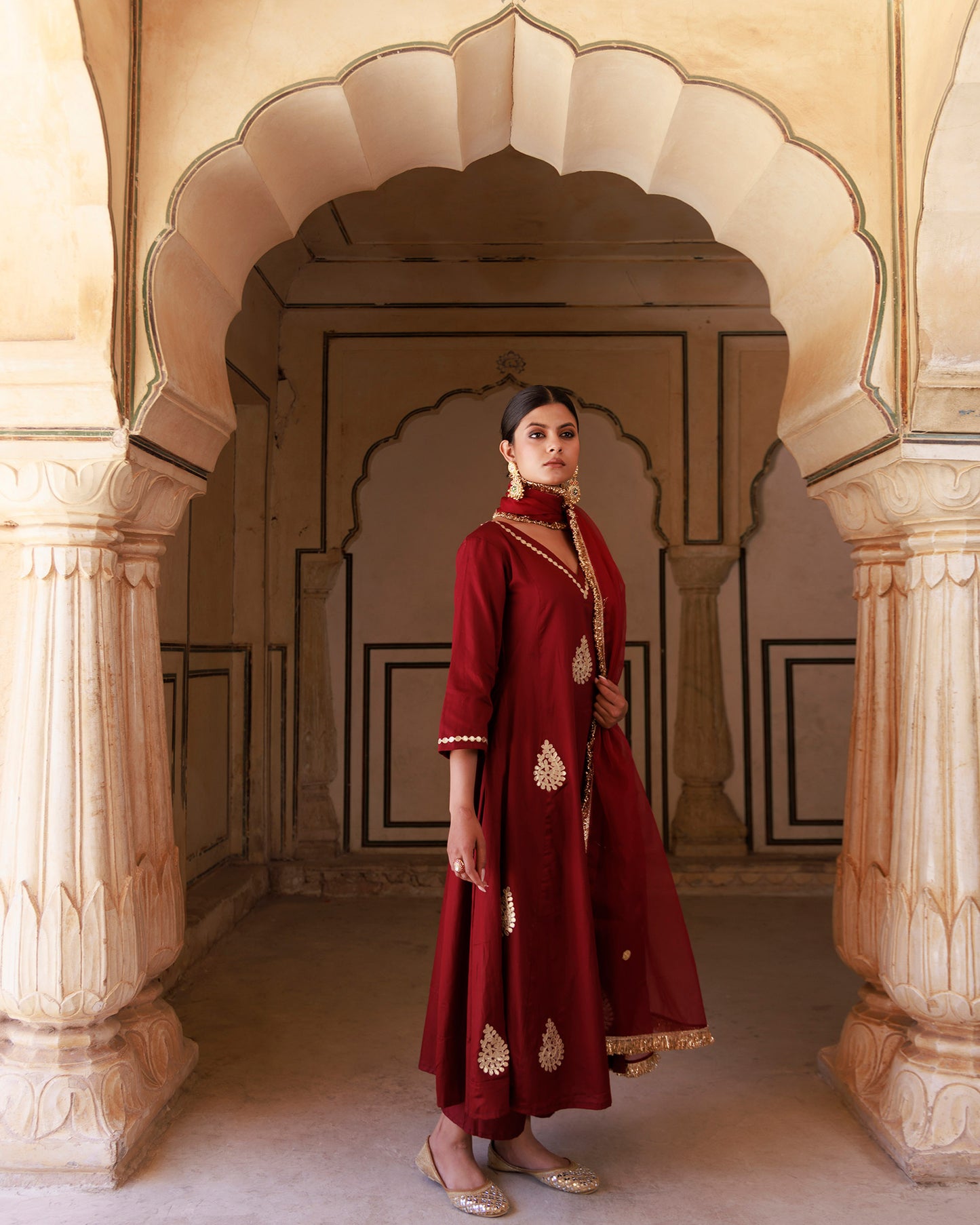 Maroon Gota Patti Applique Work Cotton Silk Anarkali & Organza Dupatta