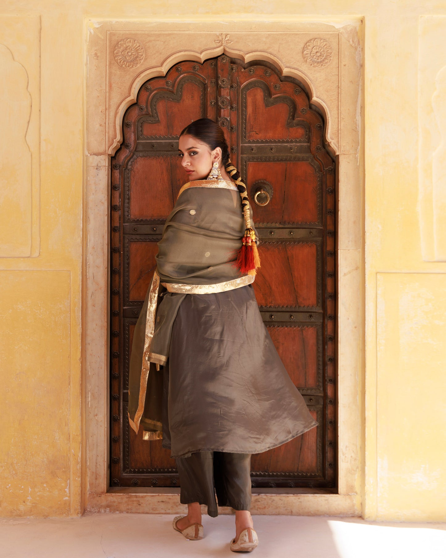 Green Aari Embroidery Uppada Silk Kurta & Organza Dupata Set