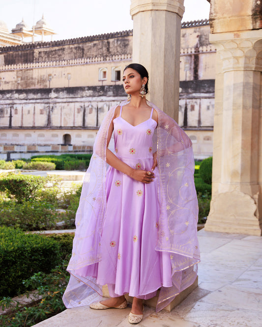 Lavender Gota Patti Applique Work Cotton Silk Strappy Anarkali & Organzxa Dupatta Set