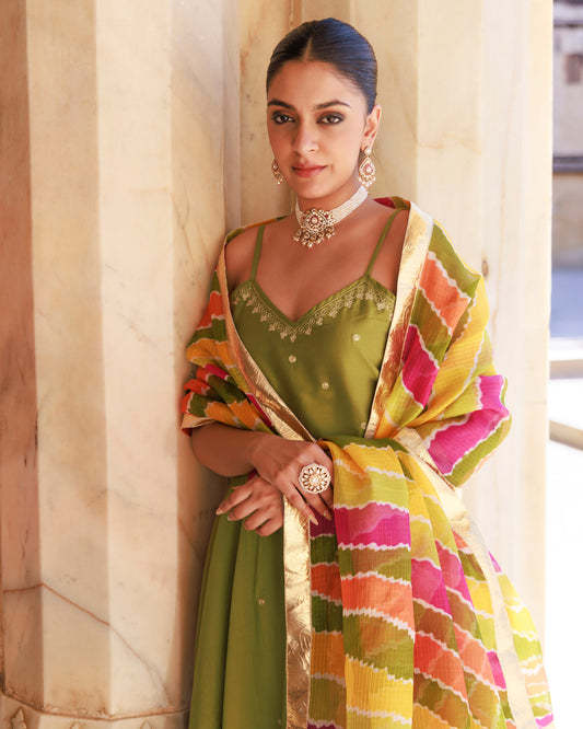 Green Aari Embroidery Cotton Silk Strappy anarkali & Kota Dori Dupatta