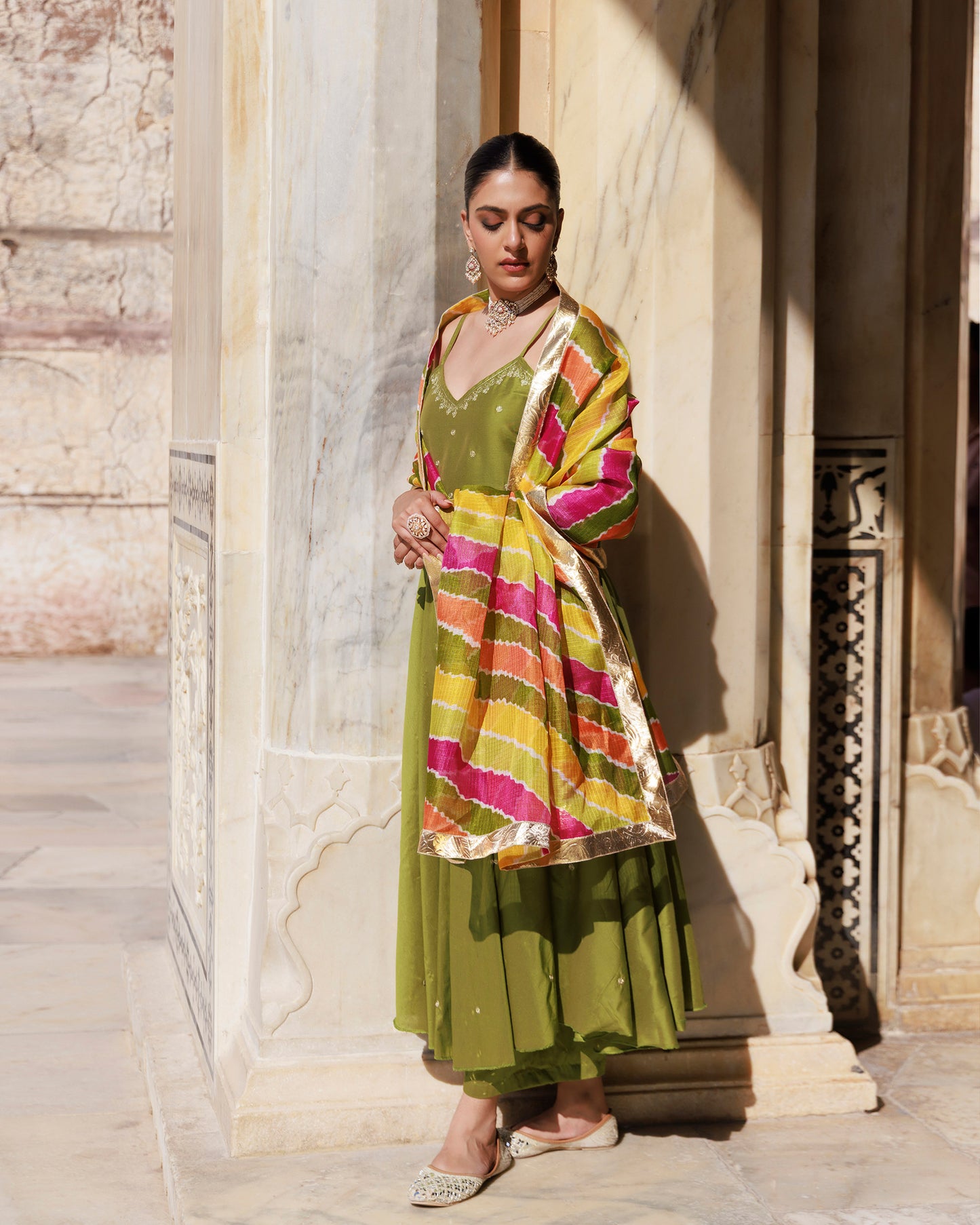 Green Aari Embroidery Cotton Silk Strappy anarkali & Kota Dori Dupatta