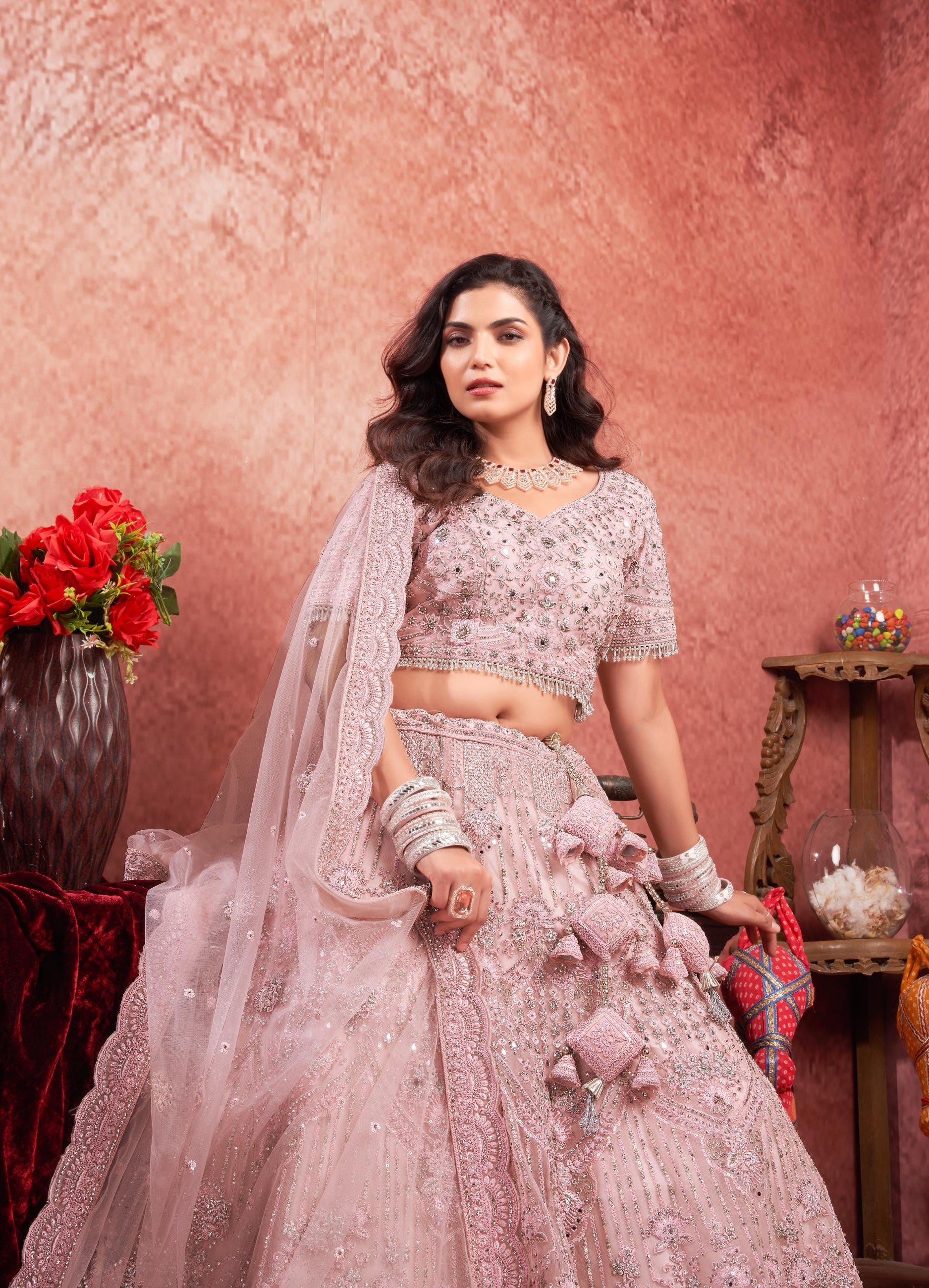 Baby Pink Zarkan Mirror Embroidery Net Bridal Lehenga-ANANTE
