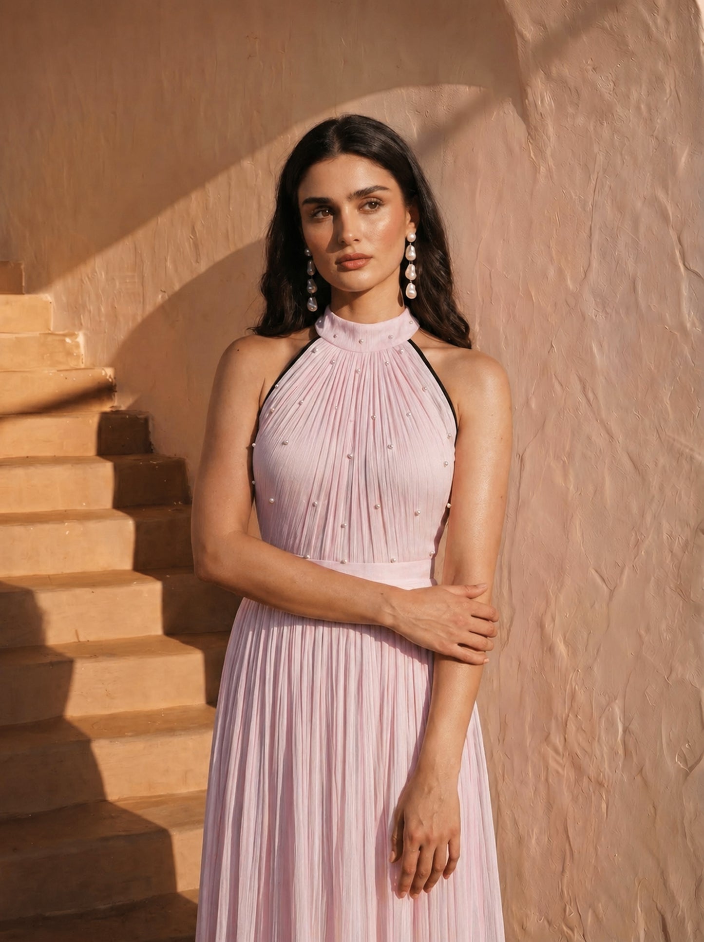 Baby Pink Chinon Pearl Hand Work Party Wear Pleated Maxi Gown