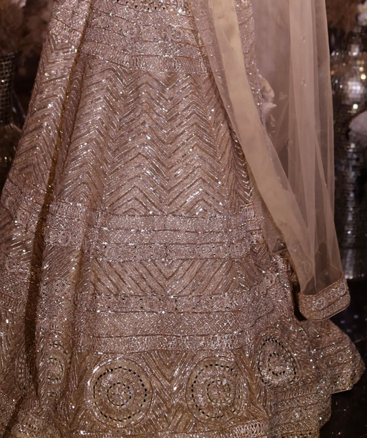 Beige Color Soft Net Sequins & Thread Work Bridal Lehenga