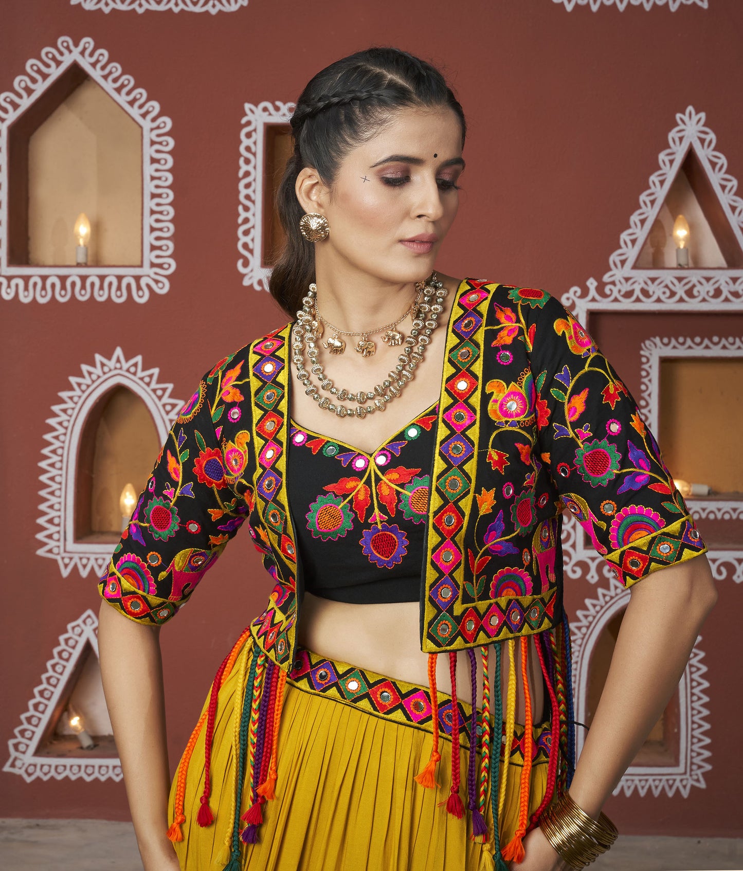 Yellow & Black Viscose Rayon Resham & Mirror Work Navratri Lehenga