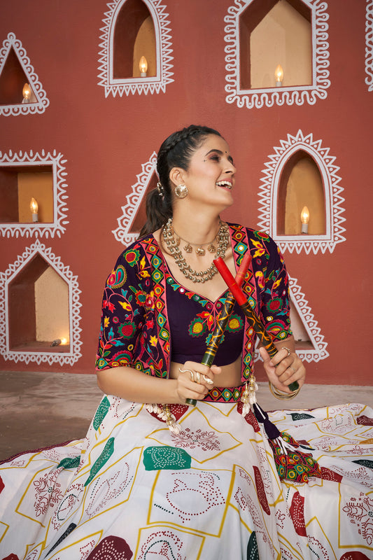 White Poly Maska Silk Resham & Mirror Work Navratri Lehenga