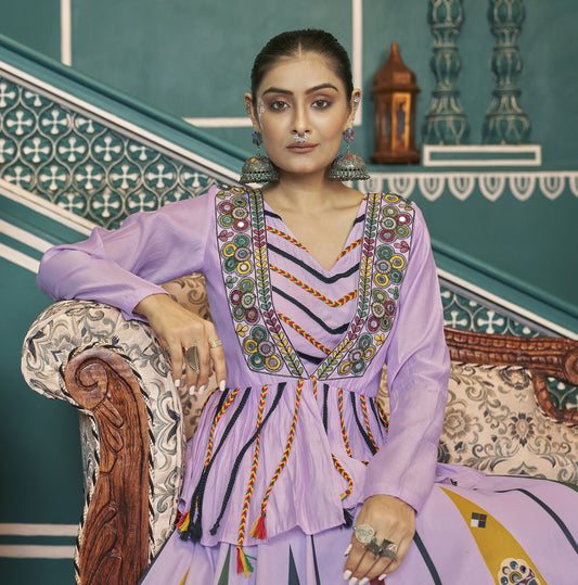 Lavender Poly Maska Silk Mirror Embroidery Navratri Chaniya Choli