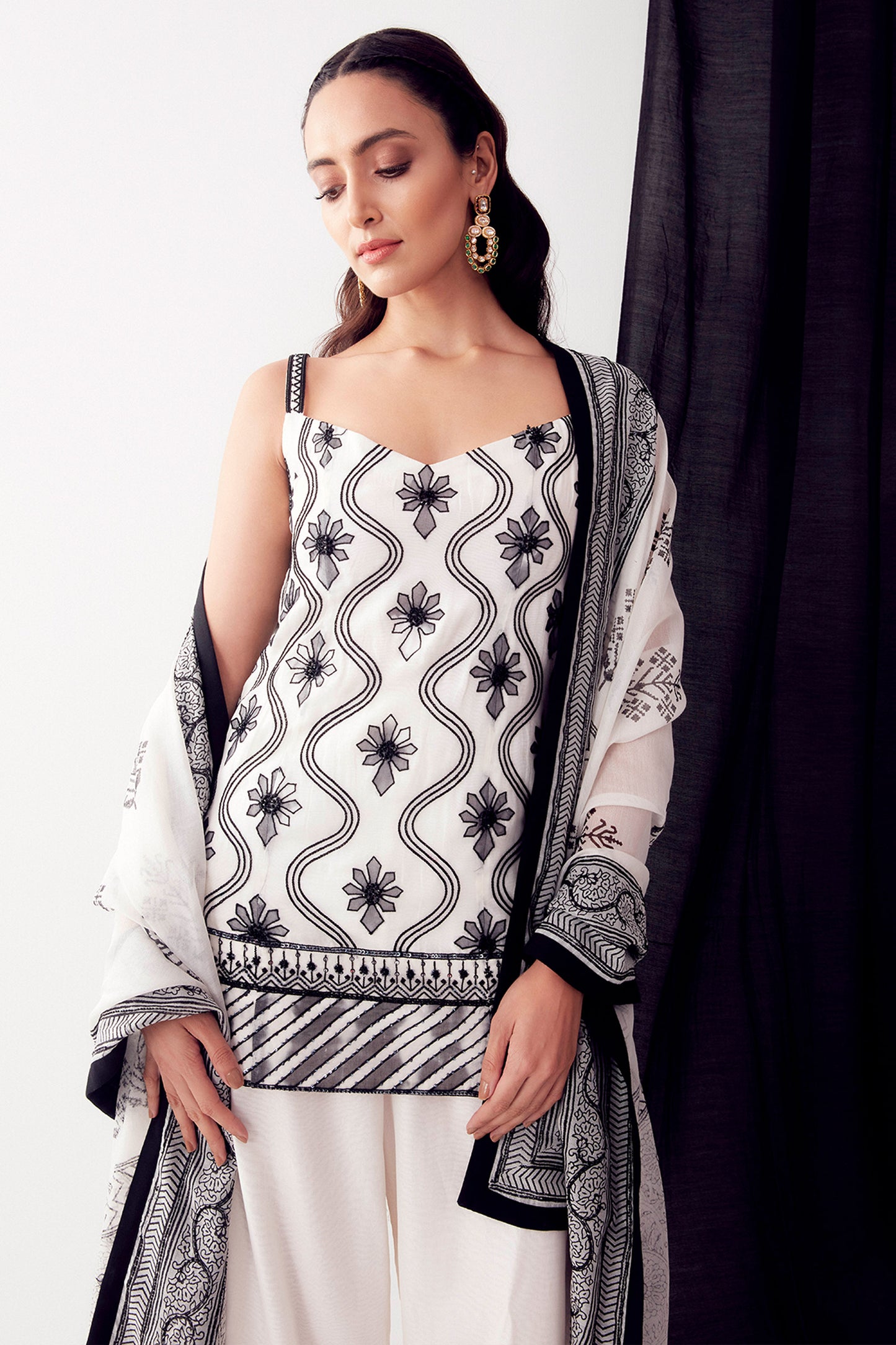 Black & White Applique Work Sharara Set - Aarambh