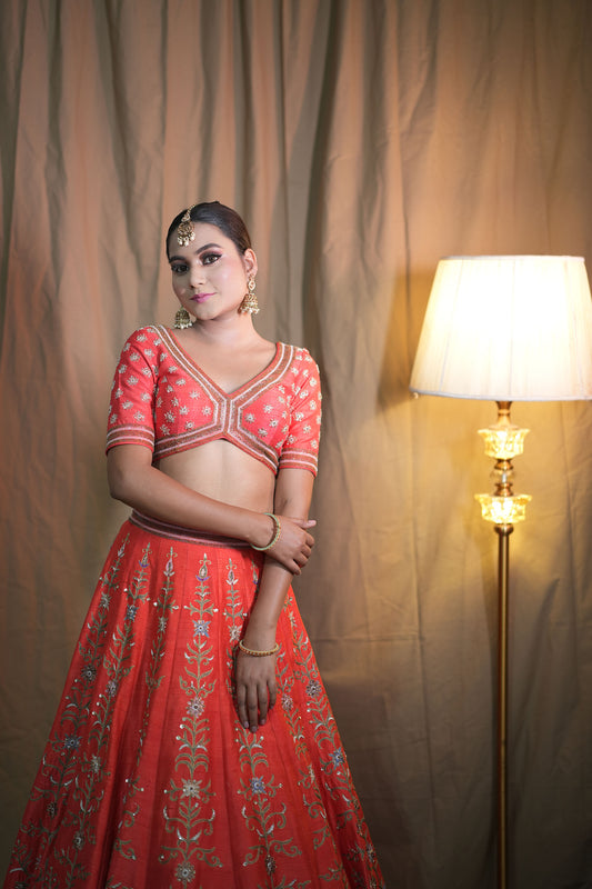 Red & Orange Pure Raw Silk Lehenga for Bride