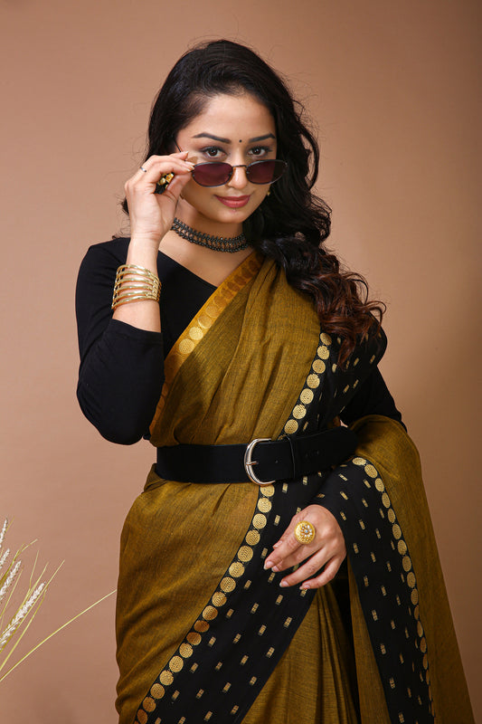 Dori Gold Cotton Self Design Saree