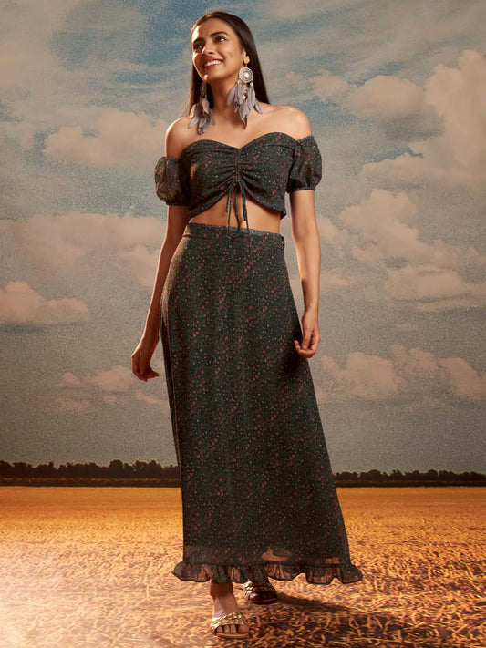 Dark Green Floral Print Weightless Georgette Straight Crop Top With Skirt