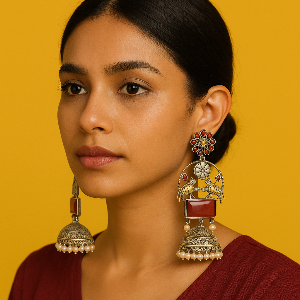 Zevar Club Oxidised Silver-Plated Ruby Pink Stone & Pearl Beaded Floral Jhumkis Earrings