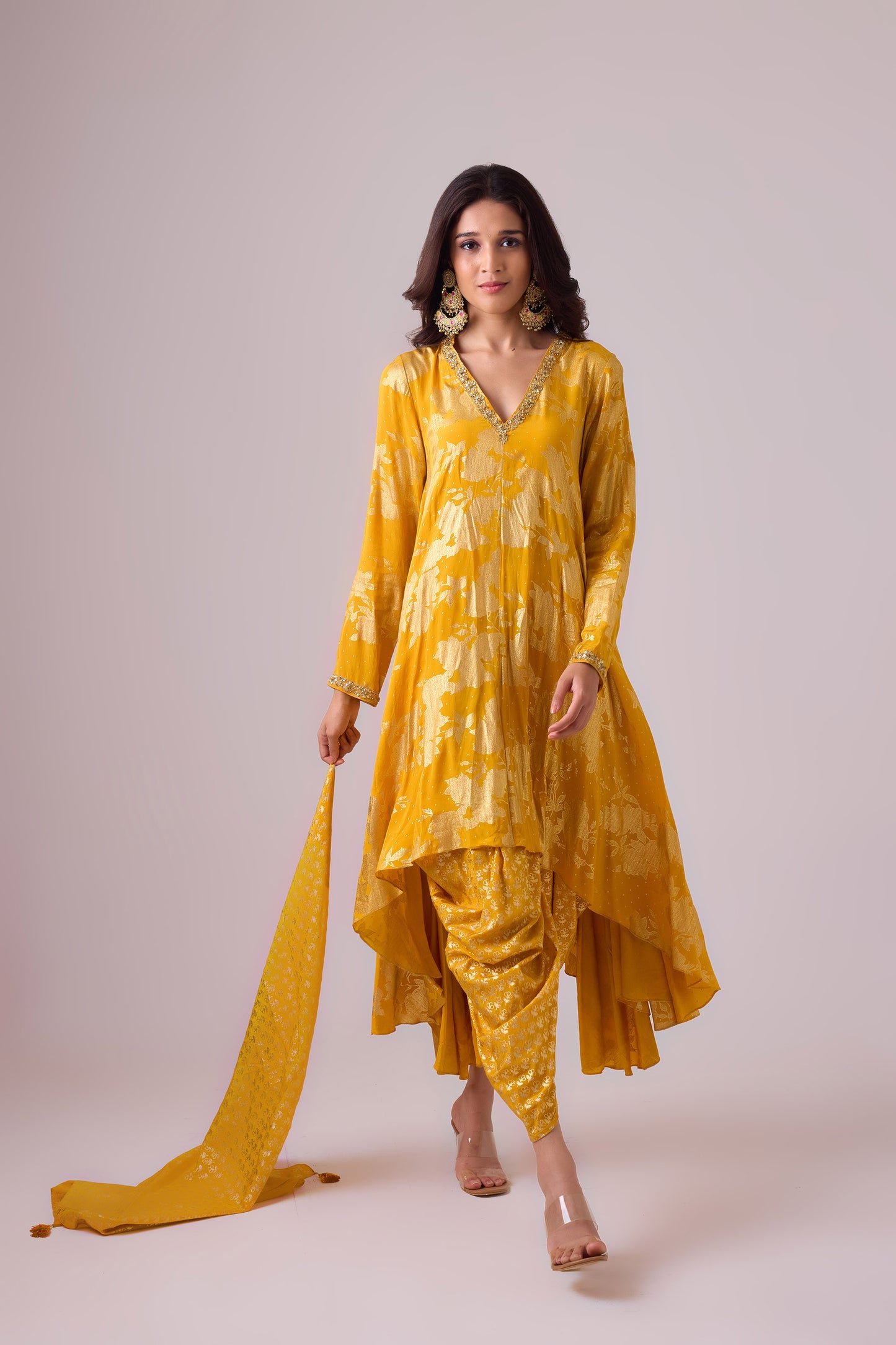 Haldi Phool Pure Silk Long asymmetrical foil printed kurta