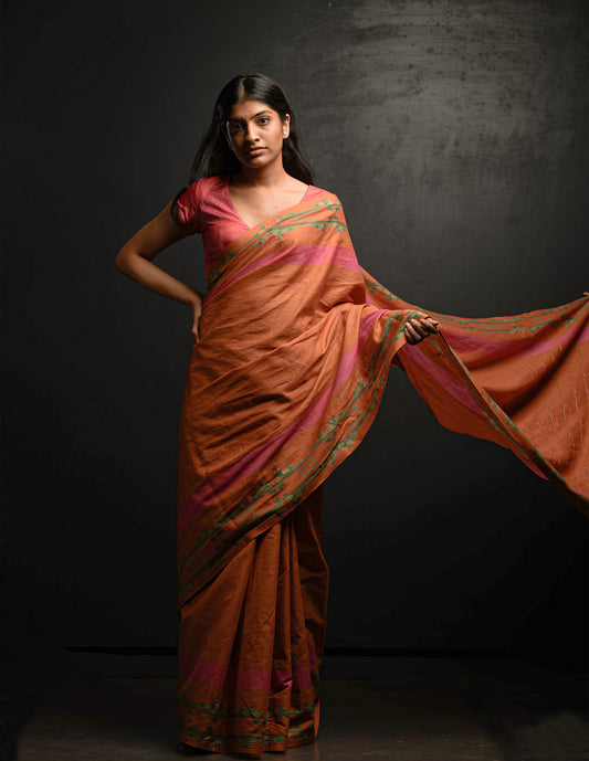 Mustard Zari Embroidered Linen Dhupdi Saree