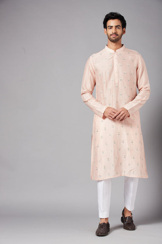 Peach Raw Silk Flower Embroidered Festive ( only Kurta )