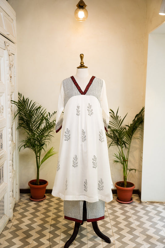 Ivory Hand Block Printed Cotton Silk Kurta Set