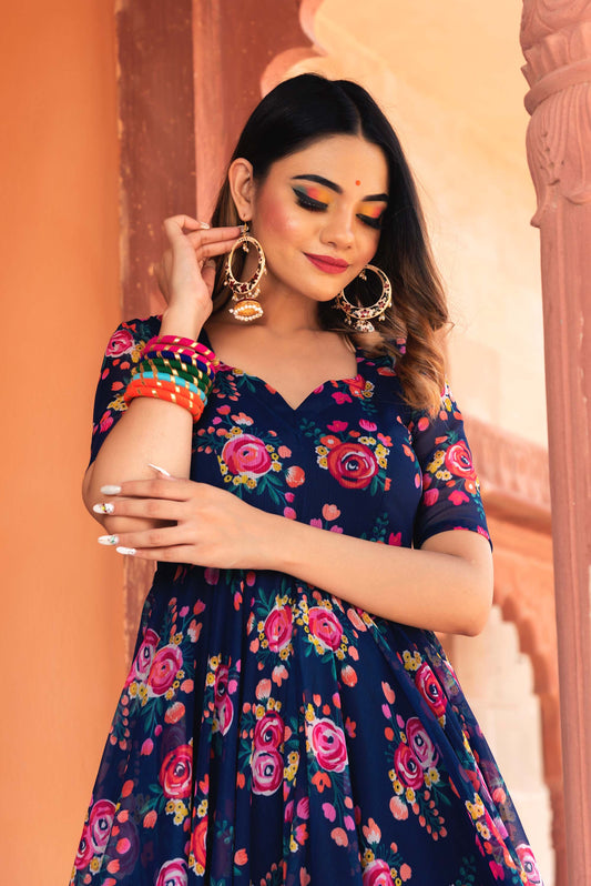 Jarokha Manjari Navy Blue Organza Phool Jaal Anarkali Set