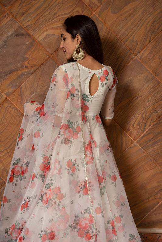 Ganguar Red and White Floral Organza Anarkali Set
