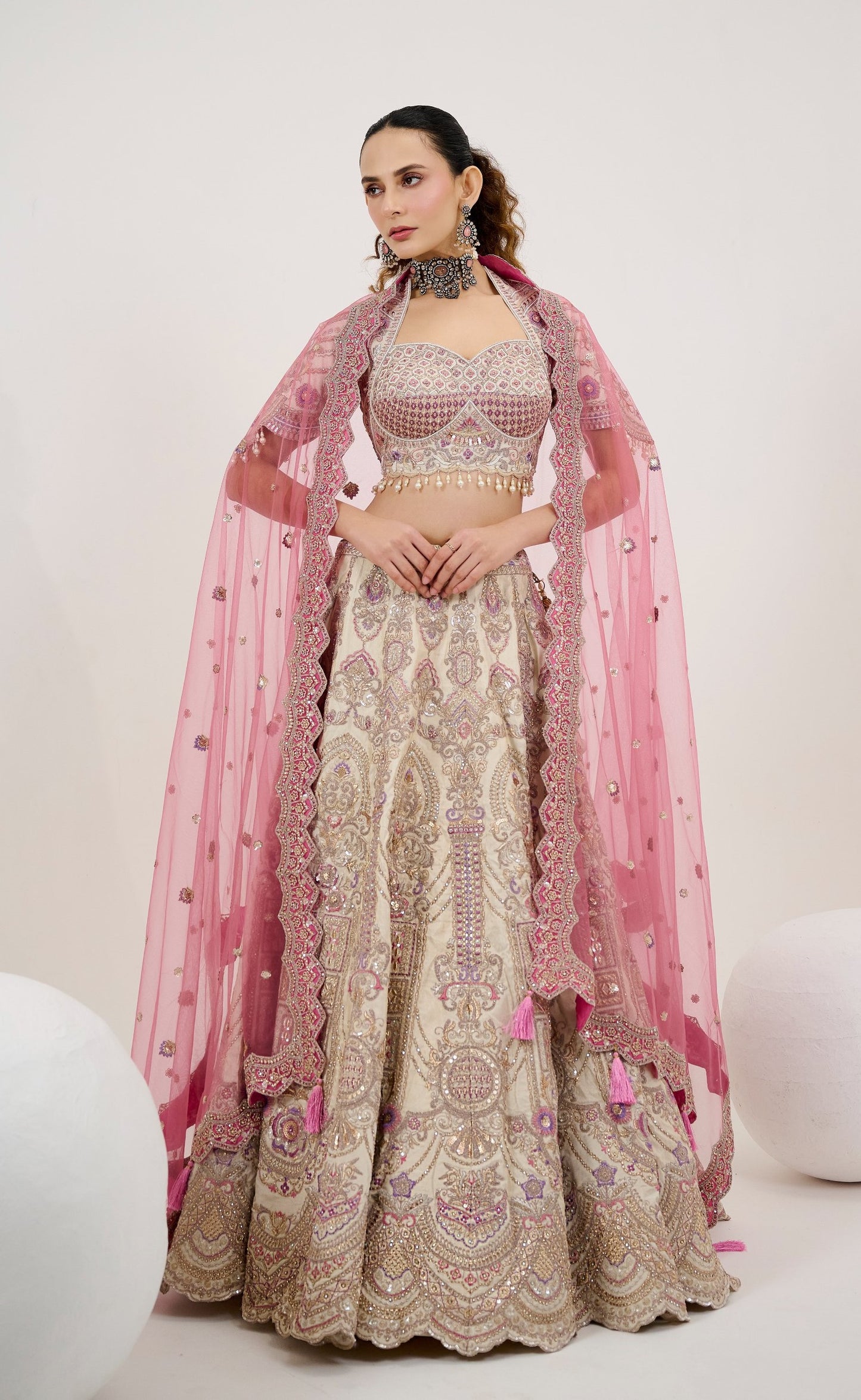 Cream Sequins Embroidered Silk Bridal Lehenga Choli