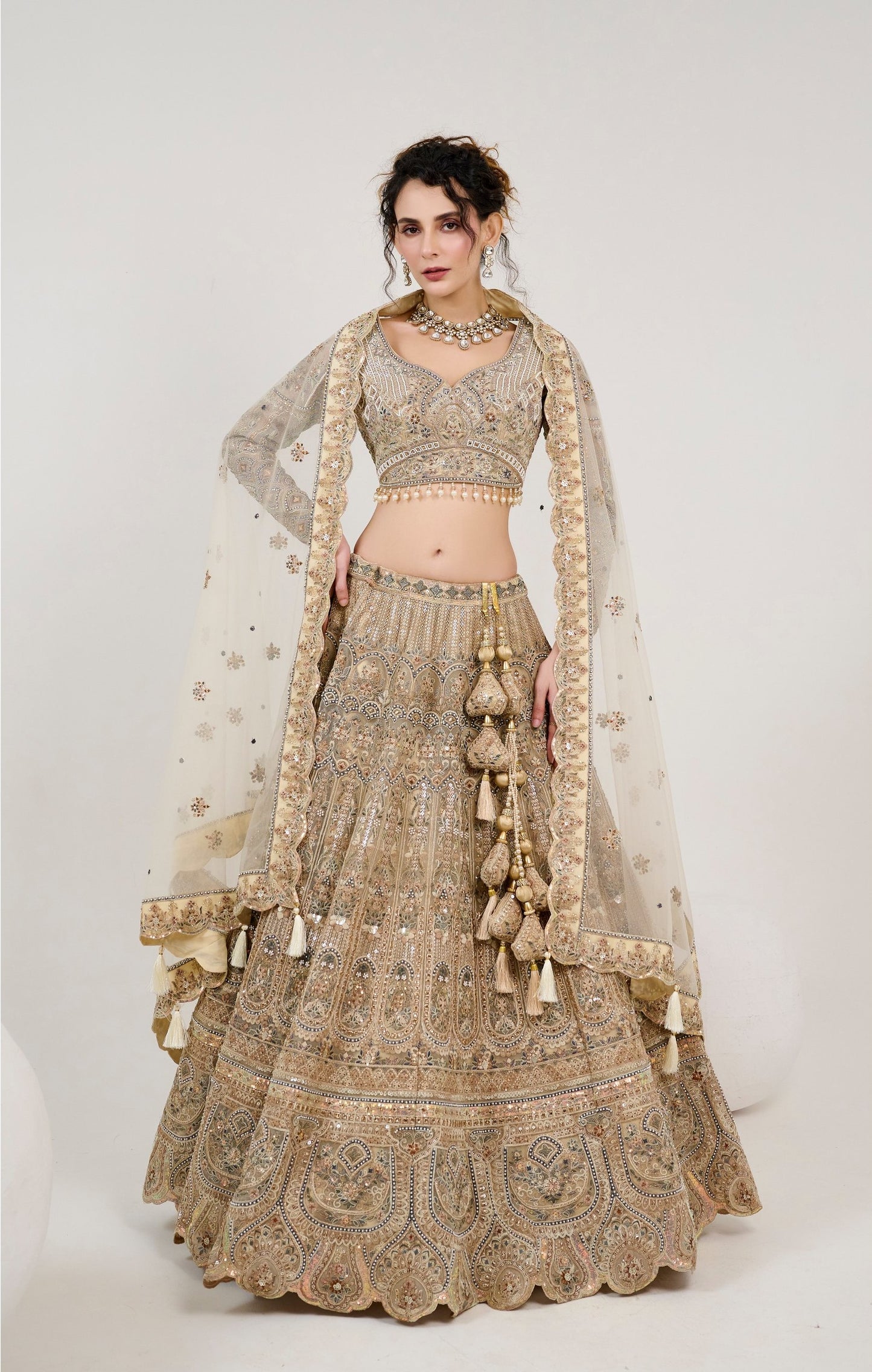 Cream Stone & Sequins Embroidered Net Mehendi Lehenga