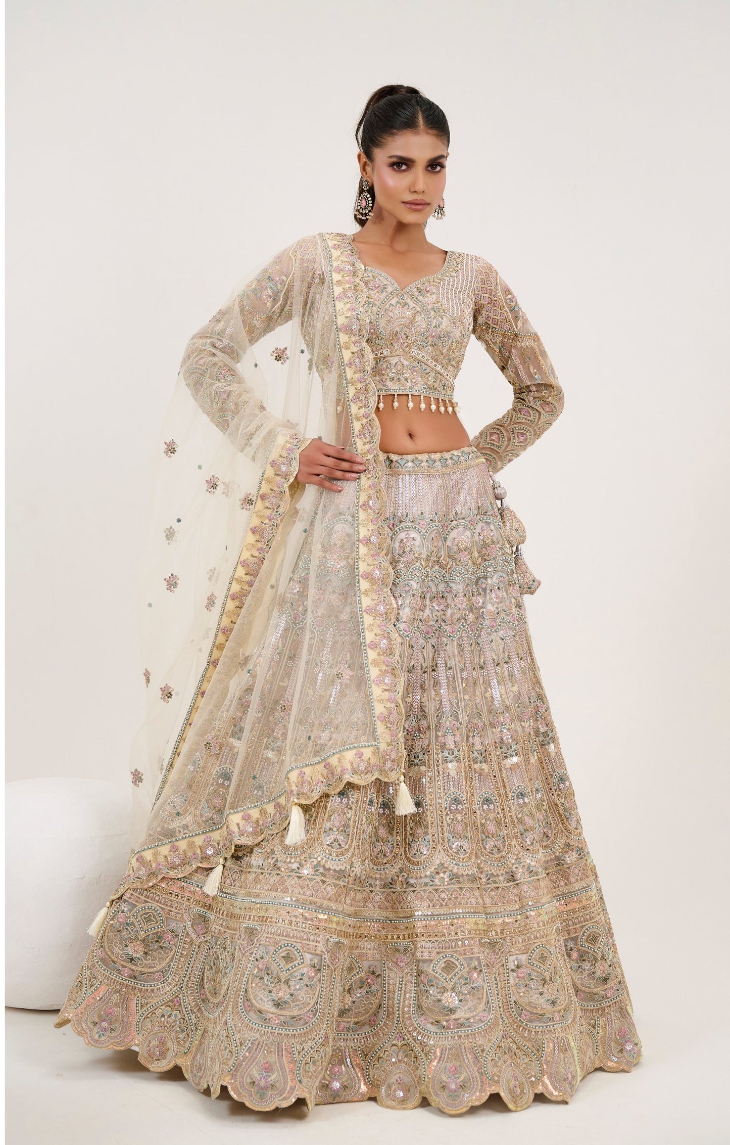 Cream Stone, Sequins Embroidered Net Sangeet Lehenga Choli