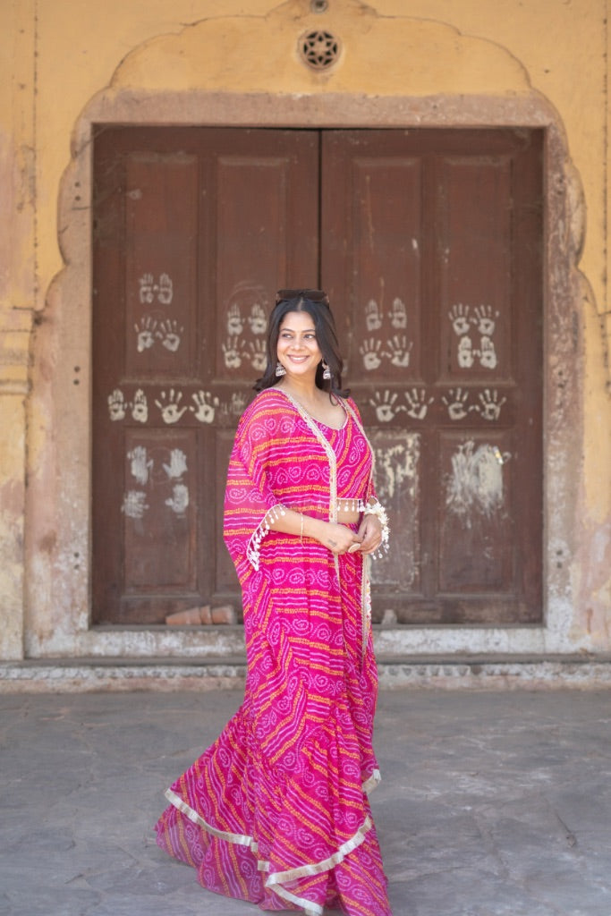 Inayat Pink Chiffon Bandhani Cape Lehenga Set